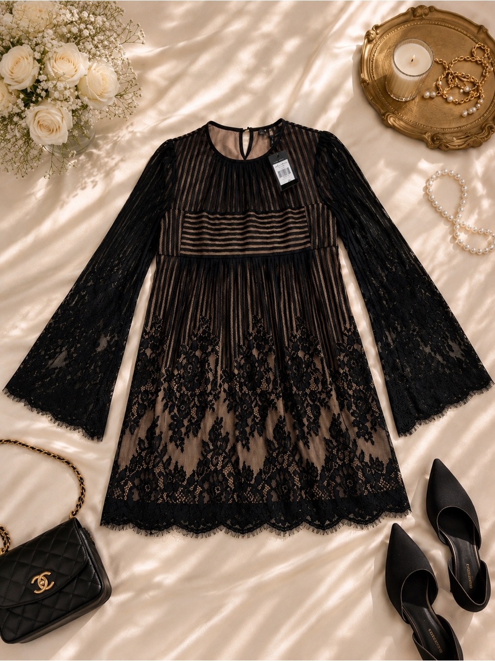 BCBGMAXAZRIA Lace Bell Sleeve Dress NWT XXS Black Nude Cocktail Dress